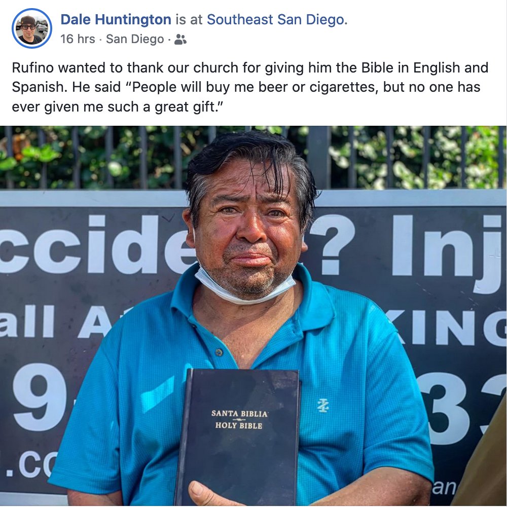 sendsandiego's tweet photo. Take some time out of your day to pray for Ruffino as he reads God's Word! He was truly moved by the love of Christ shown by Dale Huntington and City Life Church. Let's all be like Ruffino and cherish the Word of God today! #sendnetwork #prayforsd https://t.co/SwBFgnktRa