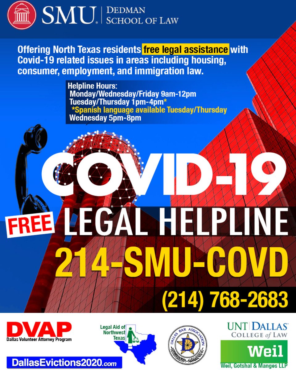 Vol_Now's tweet photo. Are you in need of legal assistance?
SMU is offering a free legal helpline for Covid-19 related issues. Our former volunteer intern, Mark Douglass, is one of the Dedman Law students manning the phone line! https://t.co/Xwf5822NMy