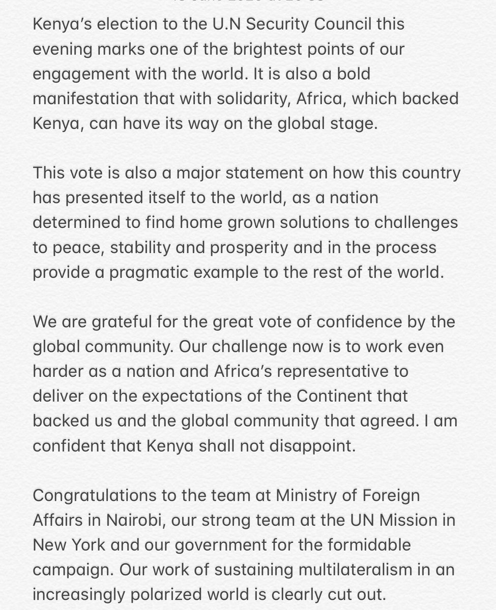 RailaOdinga's tweet photo. Kenya’s election to the U.N Security Council this evening marks one of the brightest points of our engagement with the world. It is also a bold manifestation that with solidarity, Africa, which backed Kenya, can have its way on the global stage. https://t.co/TPl8dLGdlA