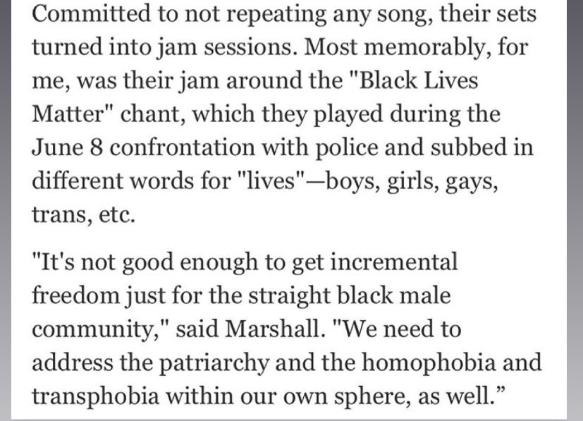 MarshallLawBand's tweet image. A really important segment from @jasmynekeimig of @TheStranger 

"It's not good enough to get incremental freedom just for the straight black male community," said Marshall. "We need to address the patriarchy and the homophobia and transphobia within our own sphere, as well.”

🗣