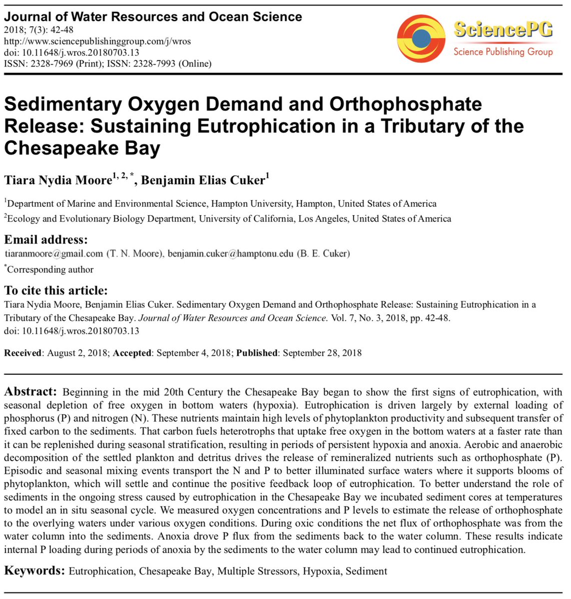 EEB_POC (@eeb_poc) on Twitter photo Work from <a href="/curly_scientist/">Dr. T is for Trouble, Good Trouble</a> and colleague in Journal of Water Resources and Ocean Science - Sedimentary Oxygen Demand and Orthophosphate Release: Sustaining Eutrophication in a Tributary of the Chesapeake Bay #OpenAccess
wateroceanscience.org/article/166/10… Work from <a href="/curly_scientist/">Dr. T is for Trouble, Good Trouble</a> and colleague in Journal of Water Resources and Ocean Science - Sedimentary Oxygen Demand and Orthophosphate Release: Sustaining Eutrophication in a Tributary of the Chesapeake Bay #OpenAccess
wateroceanscience.org/article/166/10…