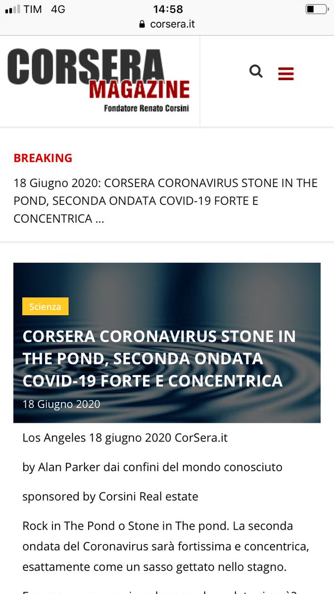 ItCorsera's tweet photo. Coronavirus ci sarà la #secondaondata ? Corsera pubblica #stoneinthepond articolo di Alan Parker #parker https://t.co/4UOUqEOXB5