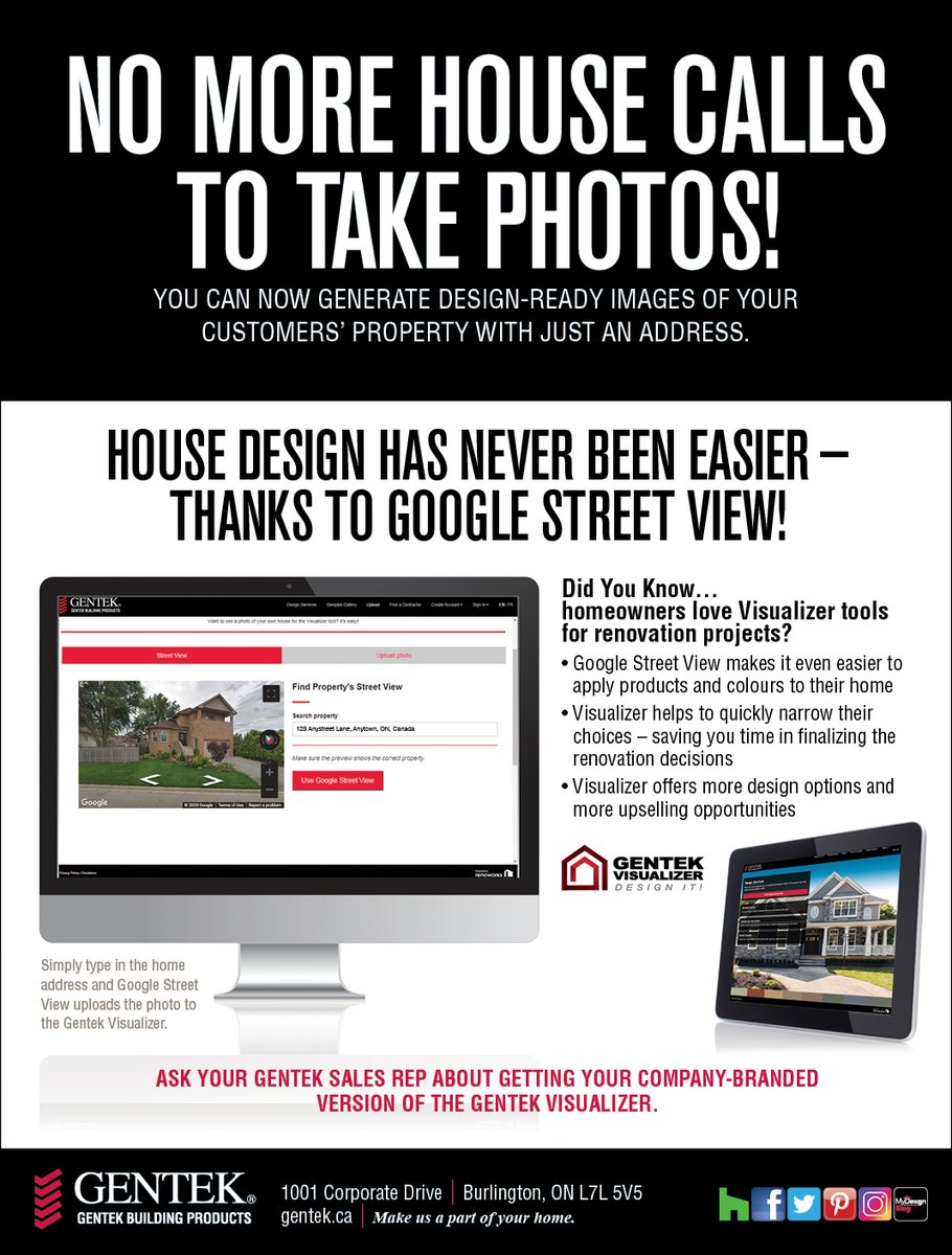 GentekCanada's tweet photo. Gentek's Visualizer has just gotten easier.  You can now use Google Streetview to upload an image.  No more visiting a clients home to get an image.  #Gentek https://t.co/5NRbyGOzwf