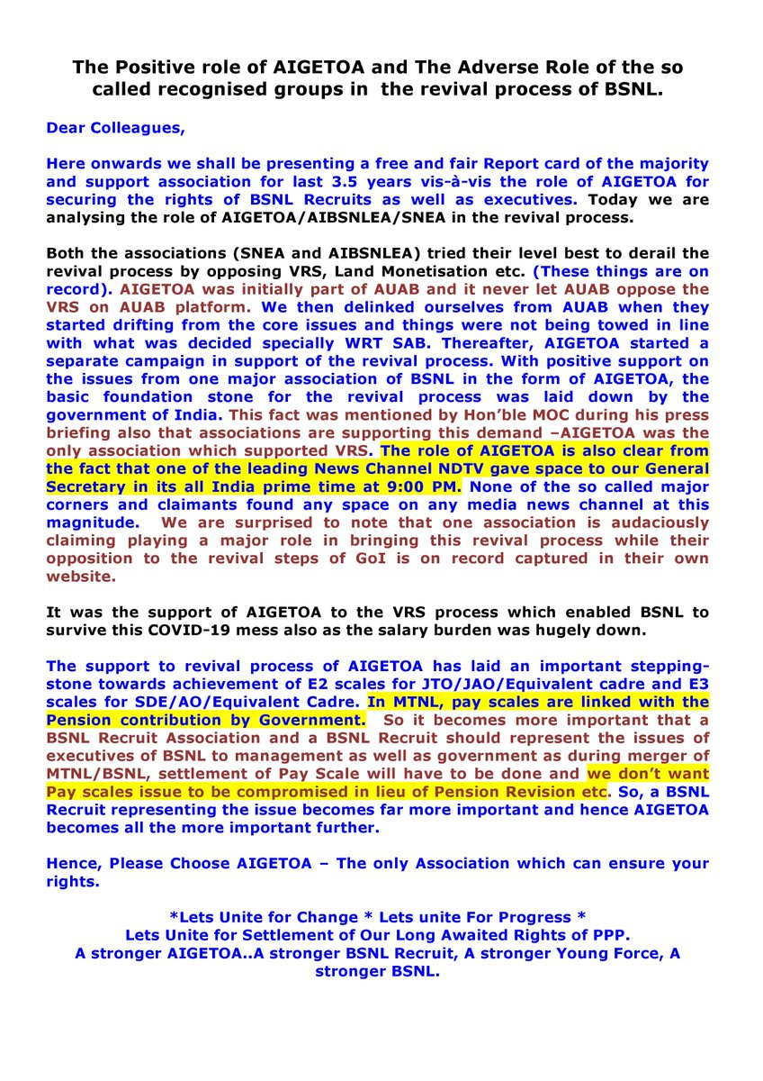 aigetoachq's tweet photo. The Positive role of @aigetoachq  and The Adverse Role of the so called recognized groups in  the revival process of @BSNLCorporate https://t.co/Hz5a9KCq02