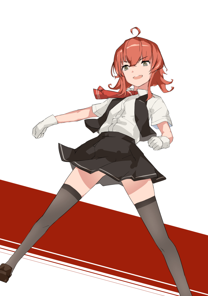 arashi (kancolle) 1girl solo thighhighs red hair gloves ahoge vest  illustration images