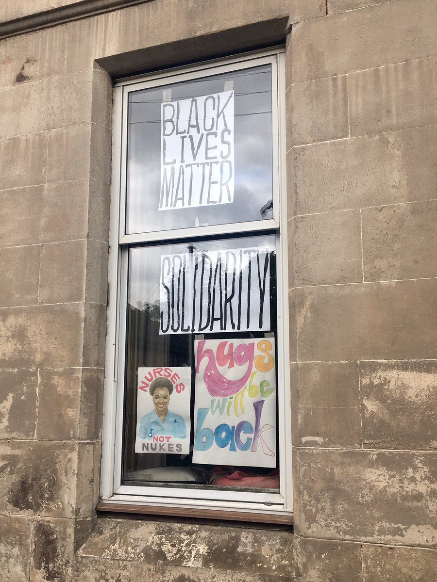 This health worker by Rebel Bear, as seen in Ashton Lane, featured in the original  @womenslibrary blogpost about  #WomenMakeHistory. I’m pairing her with a nurse on a window in Maryhill Park expressing solidarity with  #BlackLivesMatter  