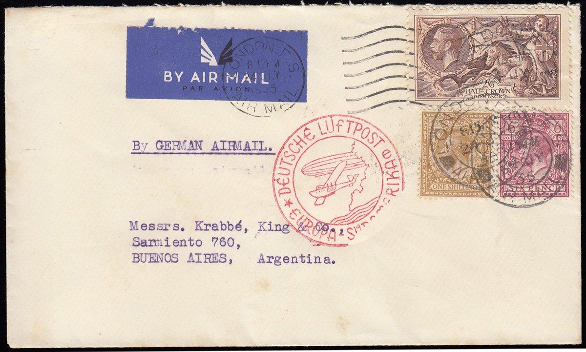 AndrewGLajer's tweet photo. Luftpost is German for Air Mail and the act of air freighting post by craft or carrier pigeon. Here is an attractive 1935 #Luftpost cover, London to Buenos Aires, with 6d., 1/- and 2/6d. making a 4/- rate. A fine red cachet. #philately #philatelic https://t.co/EXRvI6Vo2z https://t.co/cE1az7G6ZF