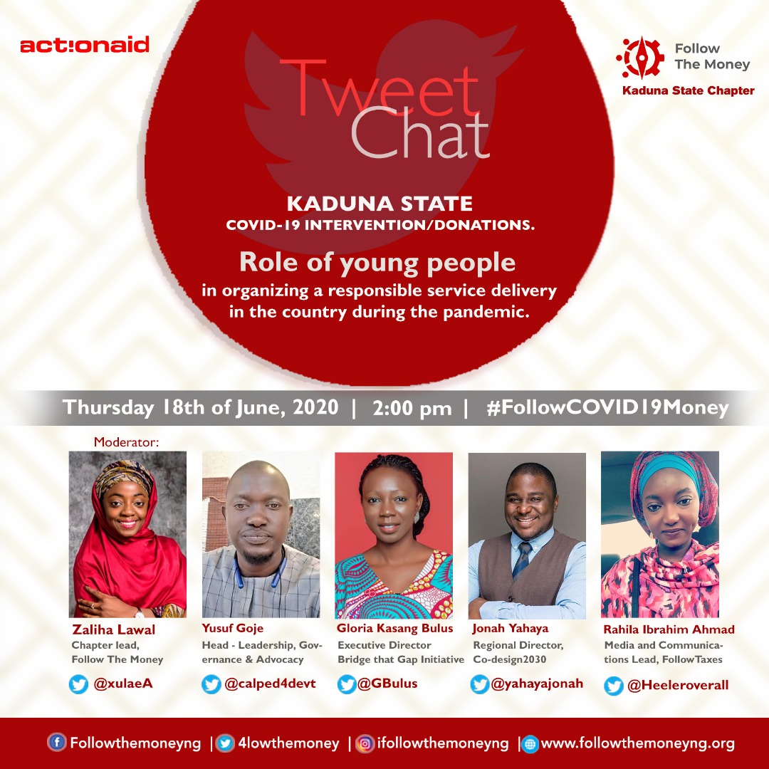 Join <a href="/GBulus/">Gloria K Bulus</a> from <a href="/bridge_thatgap/">Bridge That Gap Initiative</a>  on a panel discussion with <a href="/4lowthemoney/">Follow The Money Int'l 💰</a> on the topic "Role of young people in organizing a responsible service delivery during the pandemic"
Moderator- <a href="/xulaeA/">Zulaikha (Zaliha Lawal)</a> 
Other panelists- <a href="/calped4devt/">#InclusiveDevelopment</a> <a href="/yahayajonah/">jonah yahaya</a> <a href="/Heeleroverall/">Rah Ibrahim</a>
#FollowCOVID19MoneyKD