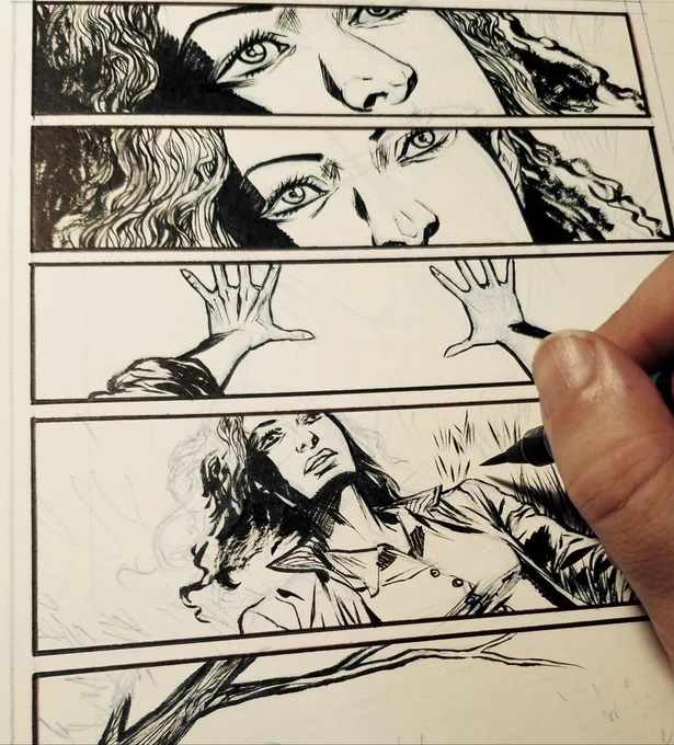 Desk shot: wip inking- also, i draw pages small(print size) sometimes. 