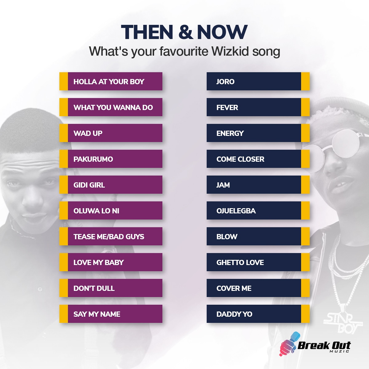 BreakOutMuzic's tweet photo. The weather is perfect to chill and listen to some great tunes, which of these Wizkid songs is your favourite?
#BreakOutMuzic #MusicIsLife #MusicLife #SongLyrics #ItsYourTime #MondayMotivation #Melody #GoodMusic #Rap #Songs #BestSong #MusicIsLife #InstaMusic #SongOfTheDay https://t.co/wy064BZm1J