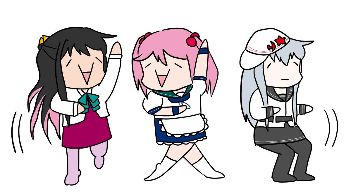 hibiki (kancolle) ,naganami (kancolle) ,sazanami (kancolle) ,verniy (kancolle) multiple girls pink hair 3girls dancing long hair school uniform black hair  illustration images