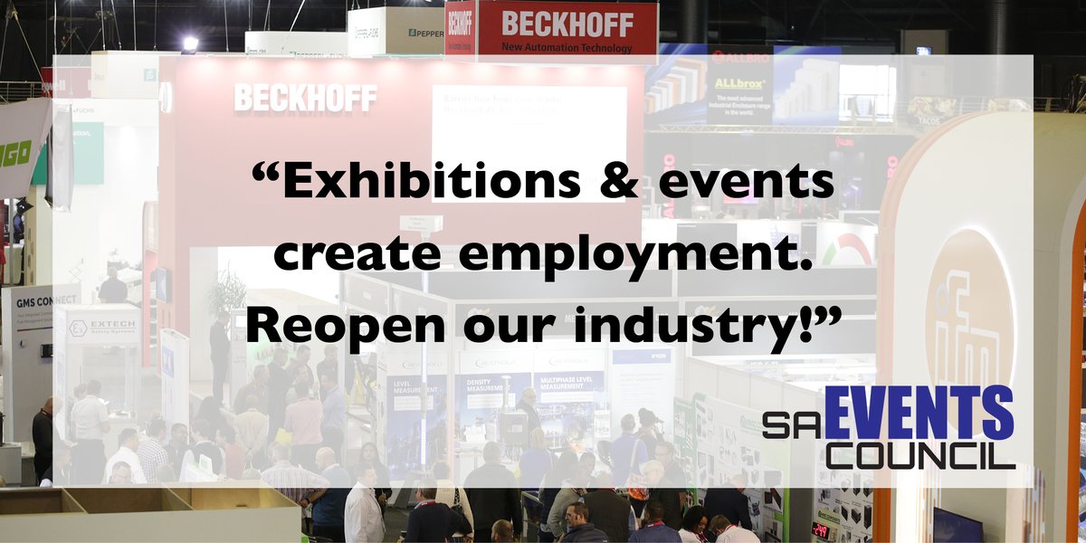 Exhibitions &amp; events create employment. See <a href="/SAEventsCouncil/">SAEventsCouncil</a> safety guidelines. #reopenexhibitionsandevents <a href="/eNCA/">eNCA</a> <a href="/SABCNews/">SABC News</a> <a href="/MorningLiveSABC/">SABCNews_MorningLive</a> <a href="/News24/">News24 🇿🇦</a> <a href="/ewnupdates/">Eyewitness News</a> <a href="/fin24/">fin__24</a> <a href="/powerfm987/">POWER 98.7</a> @SAfmnews <a href="/BDLiveSA/">Business Day</a> <a href="/Radio702/">702</a> <a href="/TimesLIVE/">Times LIVE</a>
