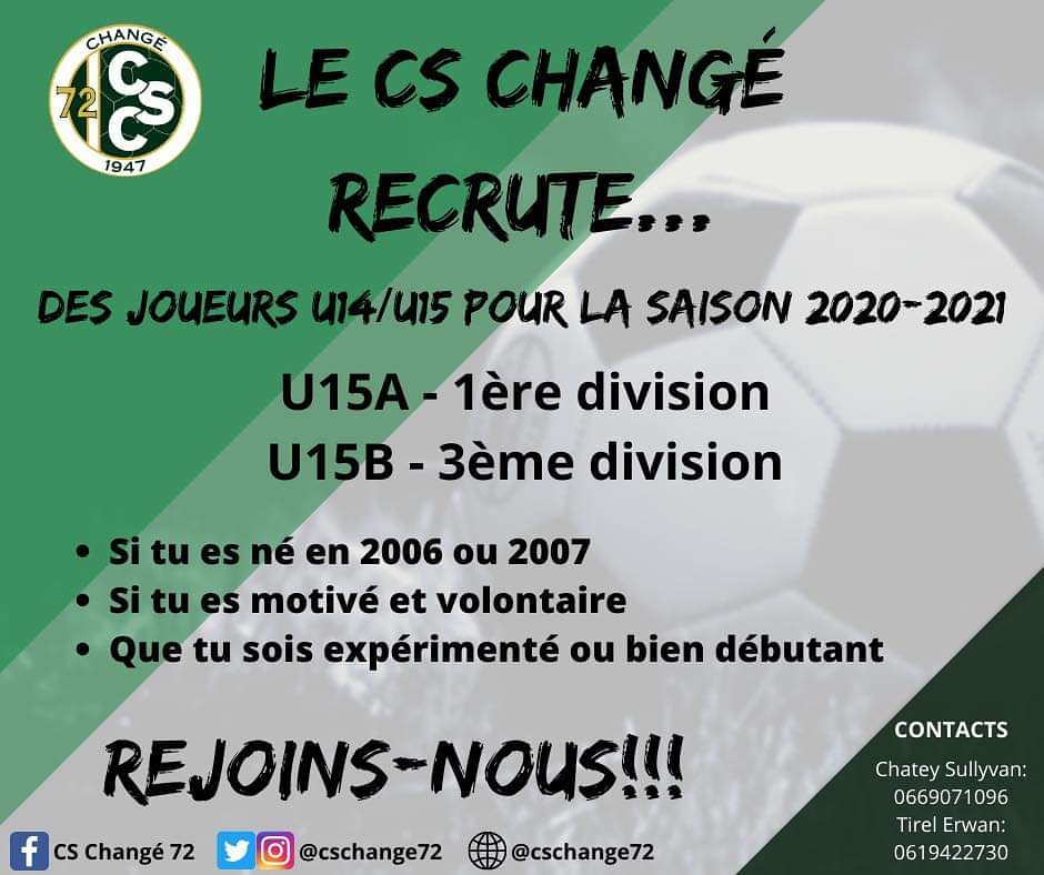 cschange72's tweet photo. Le club recherche des joueurs U14/U15 pour la saison 2020/2021 afin de combler son effectif, si vous êtes intéressés, n’hésitez pas à contacter les coachs Sullyvan Chatey et Erwan Tirel ! 

#REJOINSNOUS💚 https://t.co/mccnThdSv8