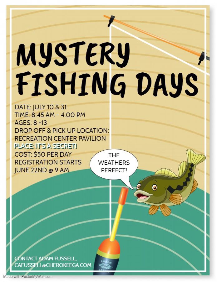 PlayCherokee's tweet photo. We have planned 2 days to go fishing, but the location is a mystery! 
Registration opens June 22nd @ 9:00 am. Be sure to put the registration date on your calendar because we are only taking 20 kiddos!
Don't worry parents, you will know exactly where your child(ren) will be! https://t.co/0g96W7EPjL