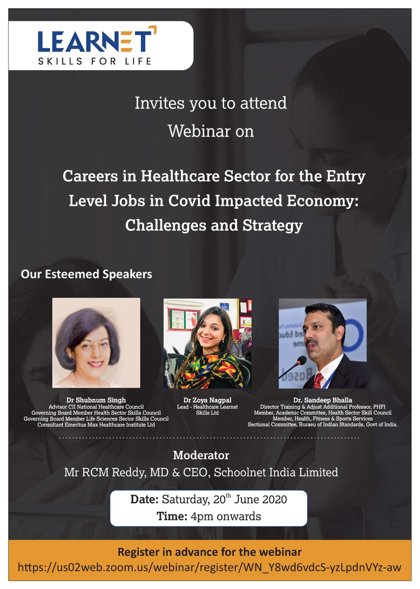 Learnet Skills launches #Webinar series on careers across various sectors in a #COVID impacted economy.

The first edition of the series features careers in the #Healthcare sector for Entry Level Jobs.

Register in advance for the webinar today -
lnkd.in/ezdDfYm