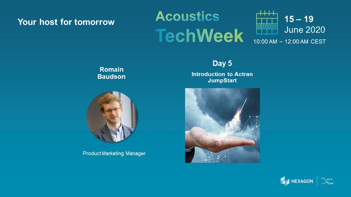 FFT_Actran's tweet photo. We conclude the #Acoustics TechWeek tomorrow with an introduction to the #Actran JumpStart package for self-learning. Do not hesitate to join us to discover how to get your hands on the reference #solution in acoustic cae. https://t.co/o1GI4k6yQd