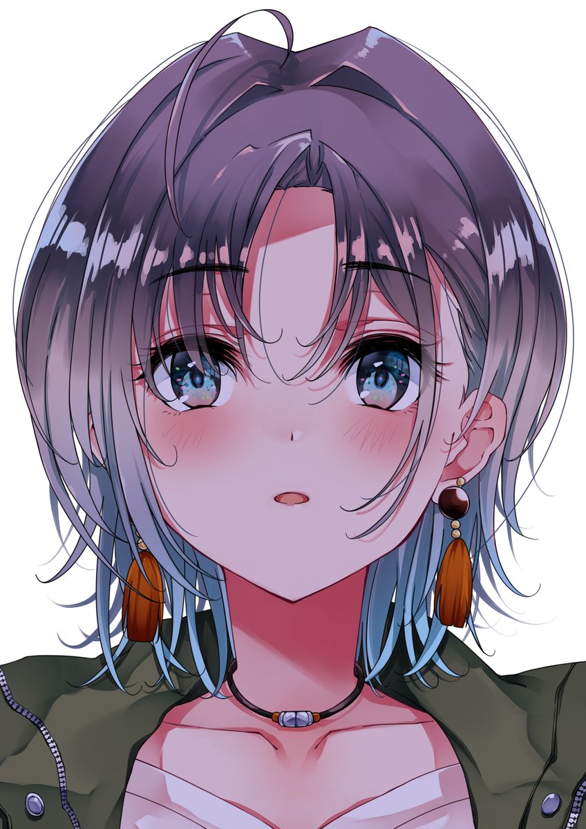 asakura toru 1girl solo jewelry earrings short hair white background jacket  illustration images