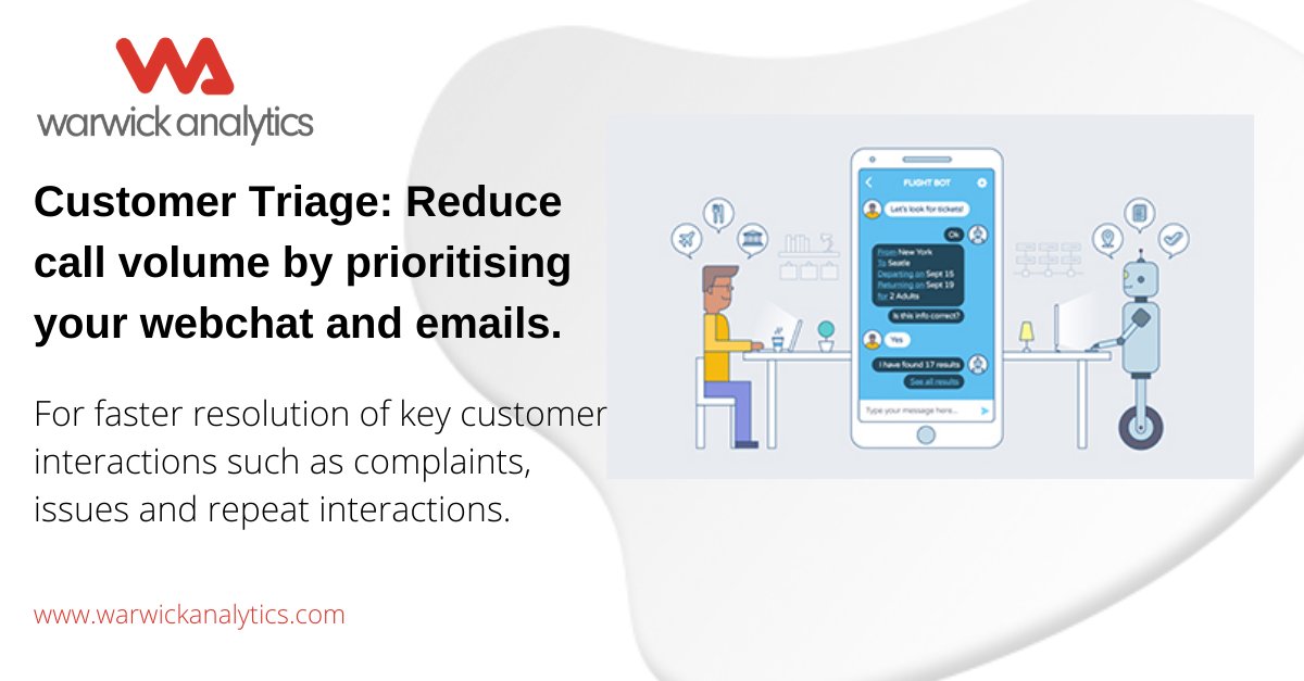 As call centers shift from voice to webchat, webforms and emails, our PrediCX Auto-Triage enables you to prioritize customer interactions for faster resolution. Find out more  warwickanalytics.com/customer-triag…

#helpdesk #customerservice #customerexperience #CX  #webchat #callcenter
