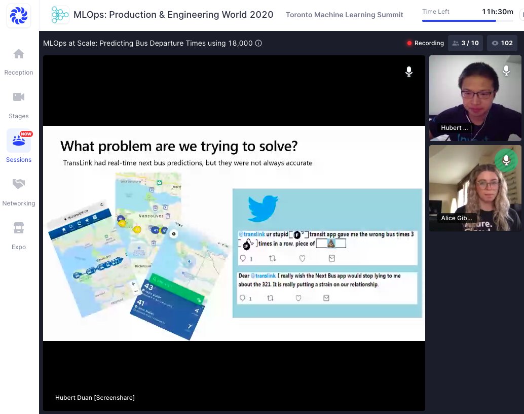 TMLS_TO's tweet photo. We are getting started with Alice Gibbons & Hubert Duan from @Microsoft discussing MLOps at scale: predicting bus departure times using 18,000 ML models.
#MLOPS2020 https://t.co/JbcnSTZ2RW