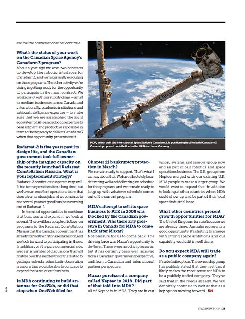 Check out the recently released SpaceNews Magazine with MDA mentioned on the cover and a feature interview with our CEO <a href="/MGreenley/">Mike Greenley</a> on the inside! <a href="/SpaceNews_Inc/">SpaceNews</a>