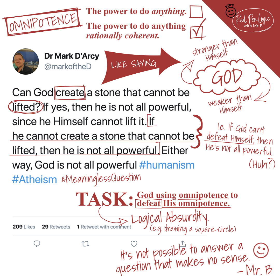 STRtweets's tweet photo. Atheist counts on an incoherent question to show the incoherence of an omnipotent Creator. 🧐
#RedPenLogicWithMrB #RedPenLogic #TimBarnett #Christianity #Apologetics #Theology #STR #Atheist @redpenlogic @timothybarnett https://t.co/6qfYlVFD44