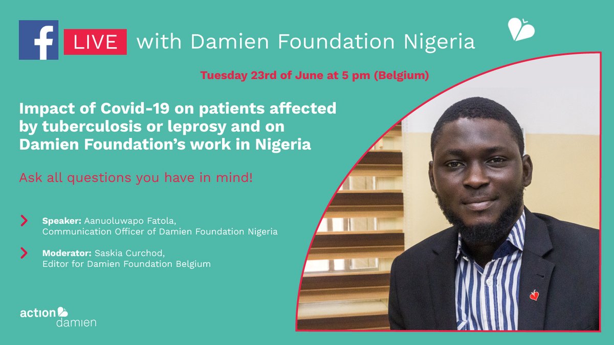 action_damien's tweet image. #FBLive le mardi 23 juin à 17h : rencontrez Aanu Fatola, chargé de communication pour Action Damien au #Nigeria 🇳🇬
Rejoignez-nous et apprenez-en plus sur notre cause dans le pays ! (séance en anglais)
#agircestcontagieux #Covid19 #lepre #tuberculose