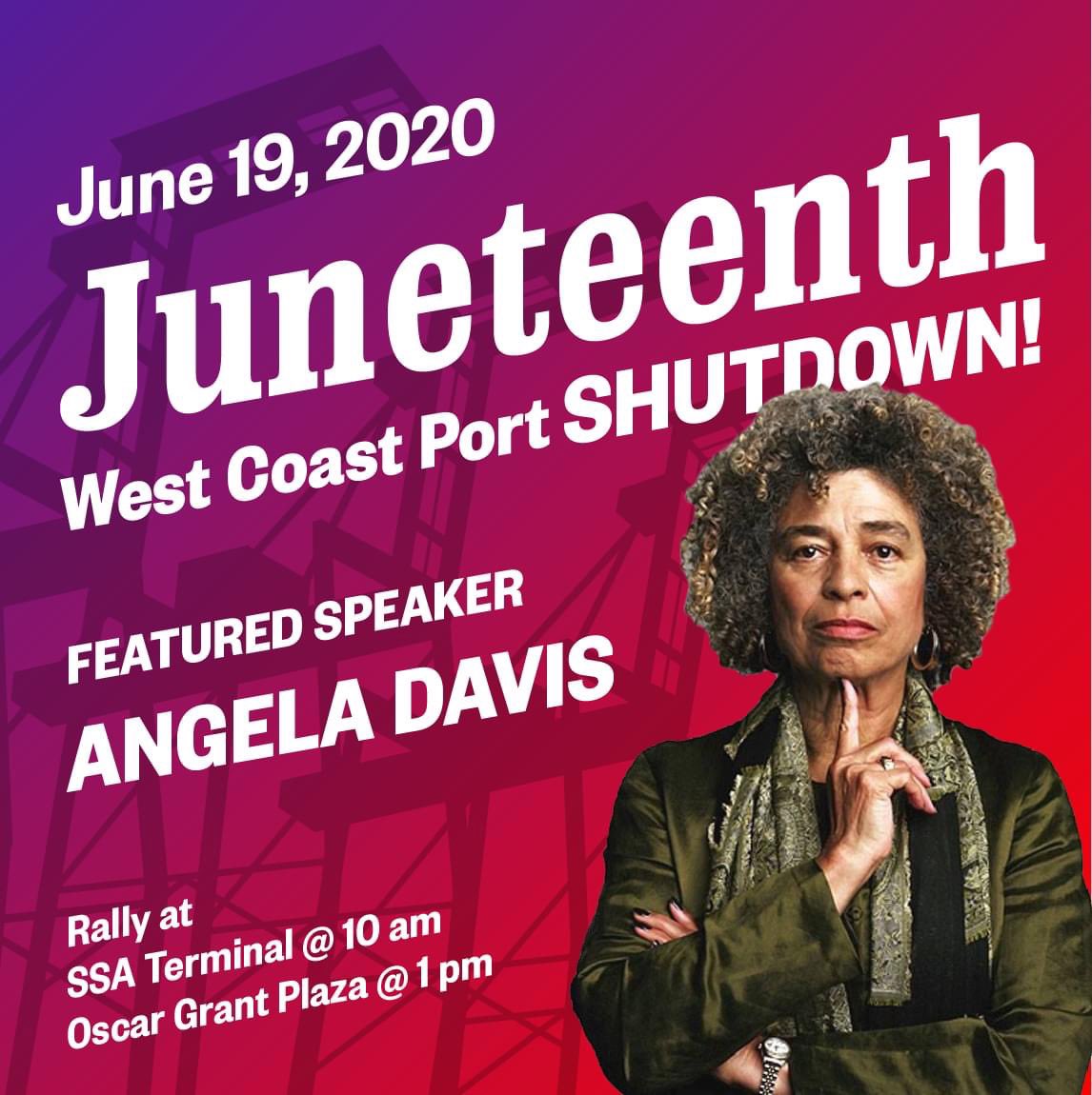 #AngelaDavis will be a featured speaker at the Juneteenth West Coast Port SHUTDOWN, June 19, 2020. Rally starts at the SSA Terminal, 10am. facebook.com/events/s/junet… #oaklandprotests #protest #Juneteenth #BayArea