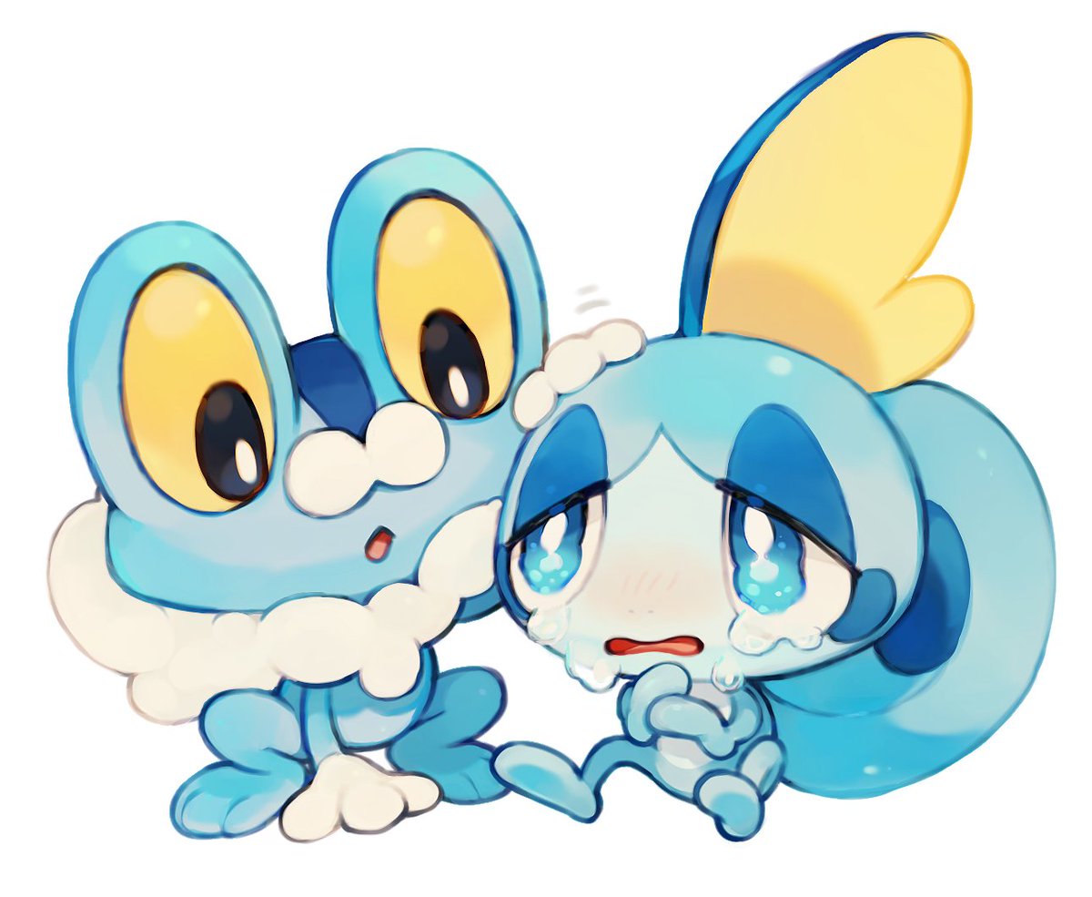 sobble pokemon (creature) no humans crying blue eyes open mouth white background sitting  illustration images