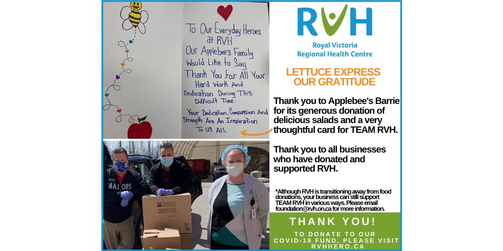 RVHFoundation's tweet image. Gratitude Alert of the Day! To donate to our COVID-19 Fund please visit RVHhero.ca.

@TeamRVH #Applebee's #TEAMRVH #RVH #gratitude #salad #thankyou #Barrie #yum