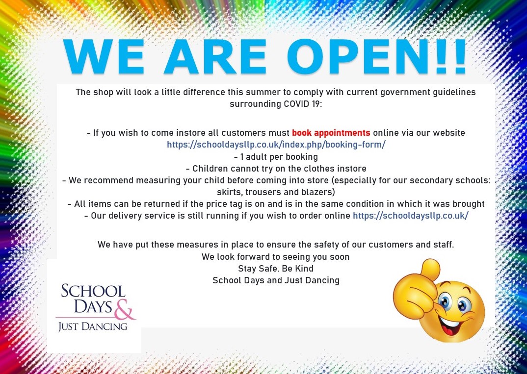 We are open!

Bookings for appointments can be made throughout the summer (June - September) schooldaysllp.co.uk/index.php/book…  

We hope to see you soon!
Stay Safe!