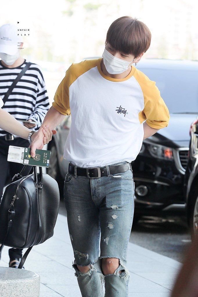 jungkook with his shirt tuck in; a thread