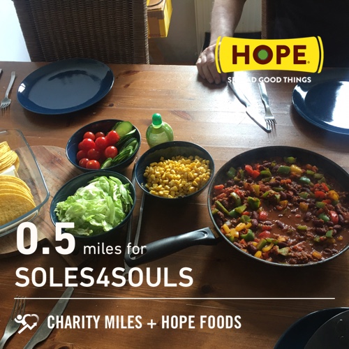 0.5 <a href="/CharityMiles/">Charity Miles</a> for <a href="/soles4souls/">Soles4Souls</a>. Thx <a href="/HopeHummus/">Hope Foods</a> for sponsoring me! #SpreadHope