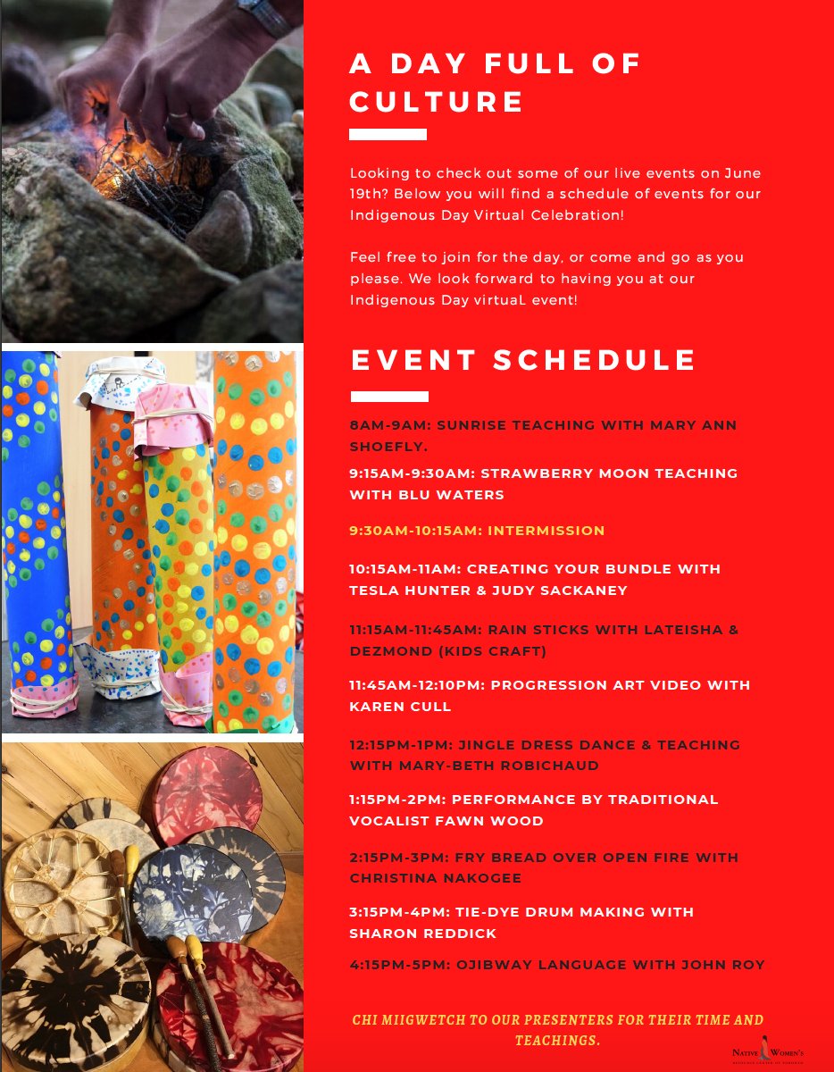 Join us this Friday, June 19th for an Indigenous Peoples Day virtual celebration. The day will start with a Sunrise Ceremony and feature a variety of programs throughout the day. Check out our schedule of events posted below!