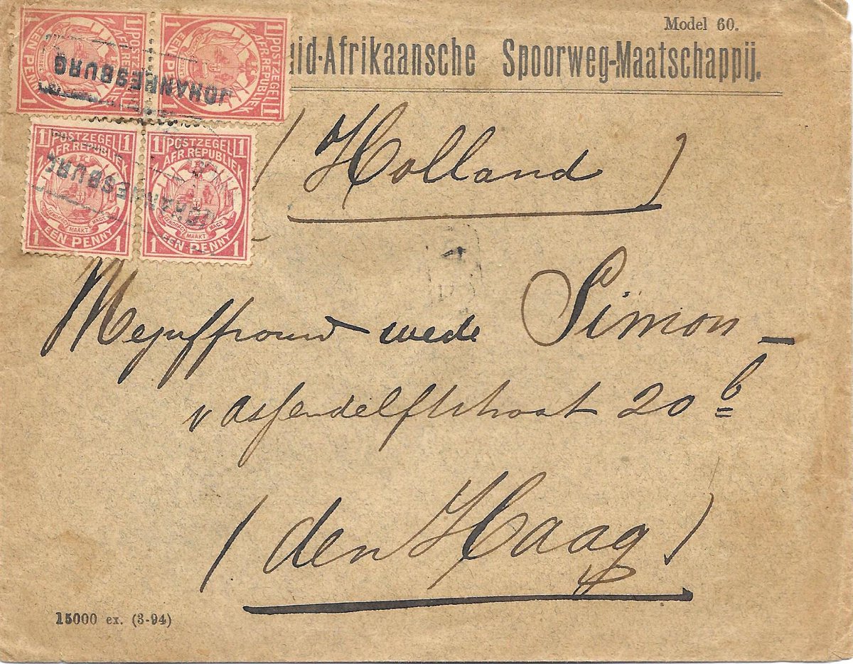 pfsastamps's tweet image. NZASM (Nederlandsche-Zuid-Afrikaansche Spoorwegmaatschappij) envelope to Den Haag cancelled with a Johannesburg (railway station) boxed rectangular handstamp. It bears a Gravenhage arrival back stamp dated 28 July 1894. 
#railways #transvaal #philately #Zar #PFSAstamps