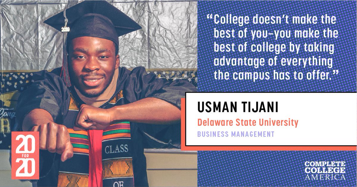 CompleteCollege's tweet photo. Usman Tijani will be applying all that heโs learned at @DelStateUniv (@tmcf_hbcu) to start his career as a business analyst with JP Morganโs Chase Leadership Development Program. Meet him and the rest of the #20for20grads - https://t.co/RgOev2RlJ0 #classof2020 #highered https://t.co/HWz7MjZRWr