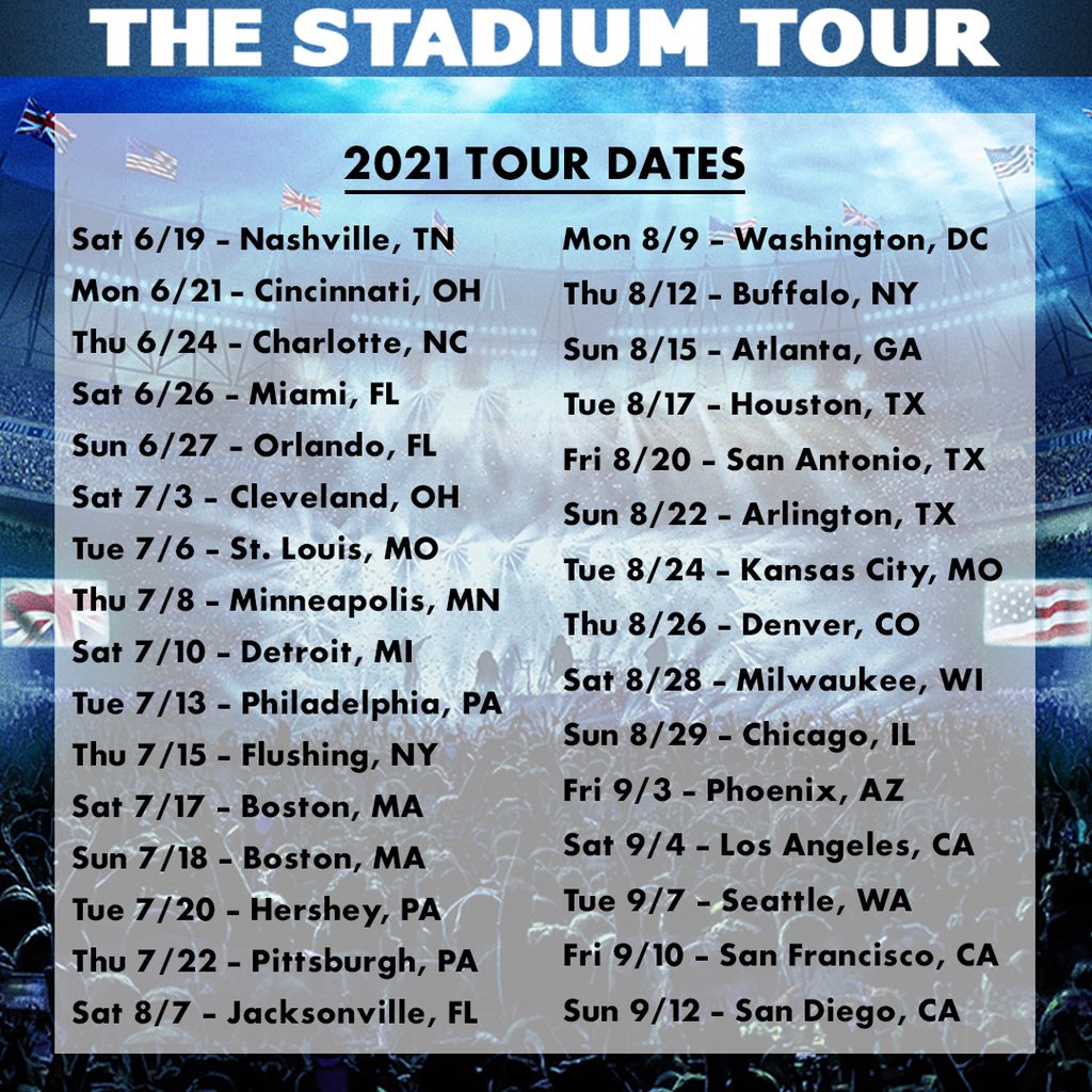 We are excited to share the new dates for the Stadium Tour. 

We look forward to seeing you in 2021! 🤘💥 #MötleyCrüe #TheStadiumTour