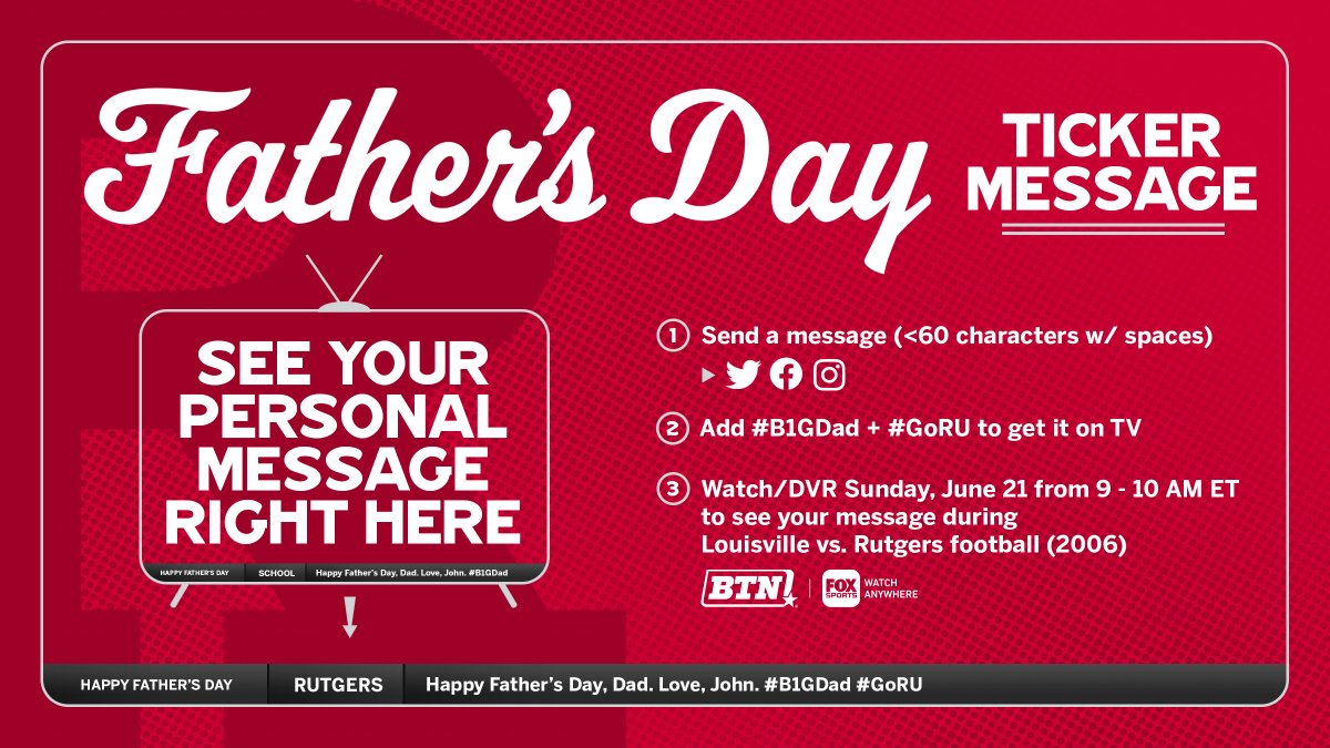 RUAthletics's tweet photo. Searching for a last-minute Father's Day gift? How about shouting out dad during the 2006 @RFootball vs Louisville replay on @BigTenNetwork Sunday morning?
Send your messages today using #B1GDad and #GoRU! https://t.co/XJhI2G4ivN