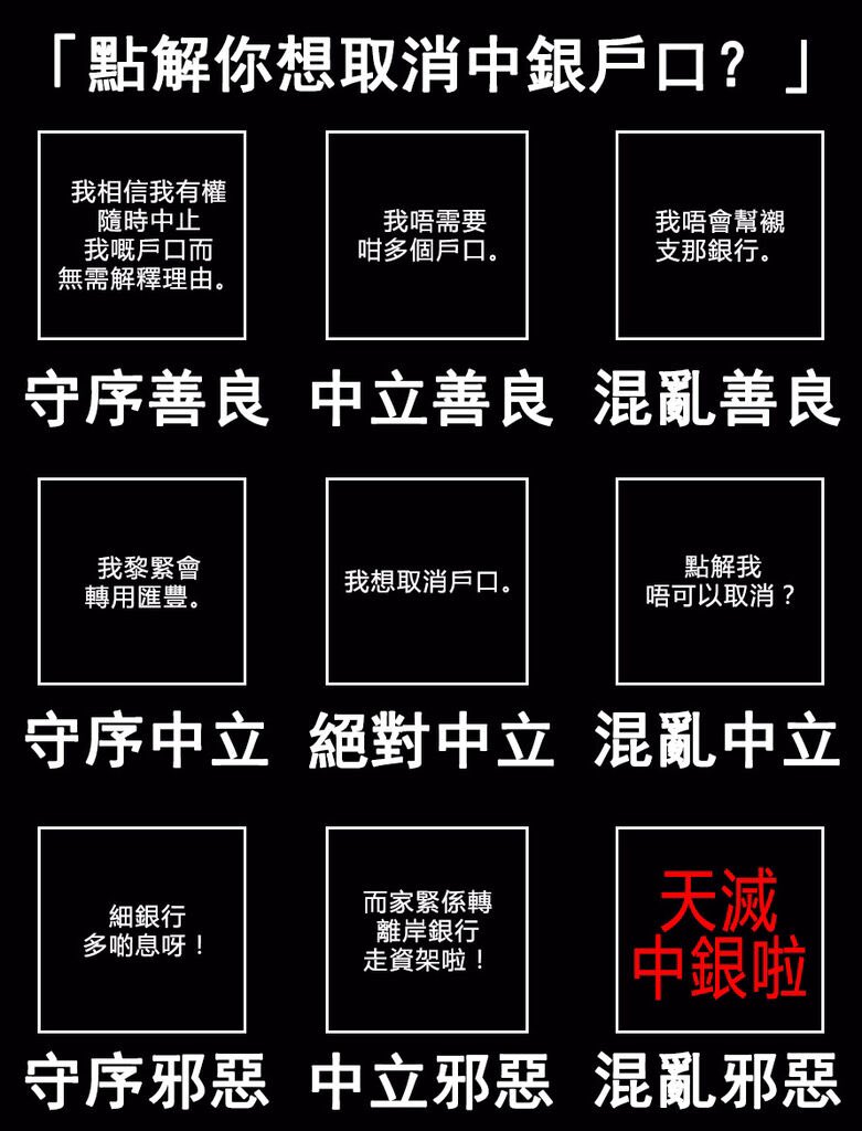 陣營九宮格我同事想取消中銀戶口被問到原因……所以↓