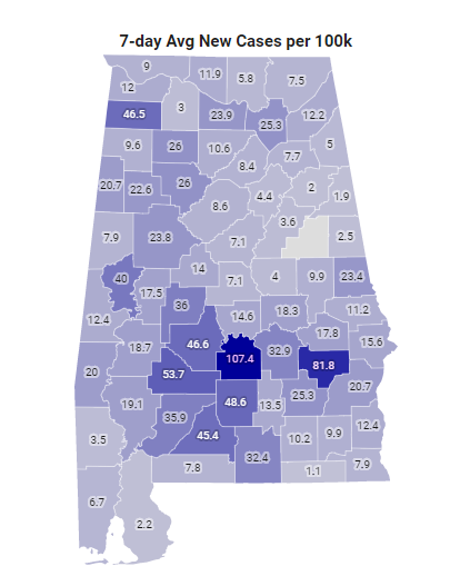 BamaTracker's tweet photo. This new ADPH map is not very helpful IMO.  "Confirmed Rate per 100k".  The granularity of it is bad.  Included for comparison is the 7-day avg per 100k map from Bama Tracker https://t.co/Xs0cgrLIqt