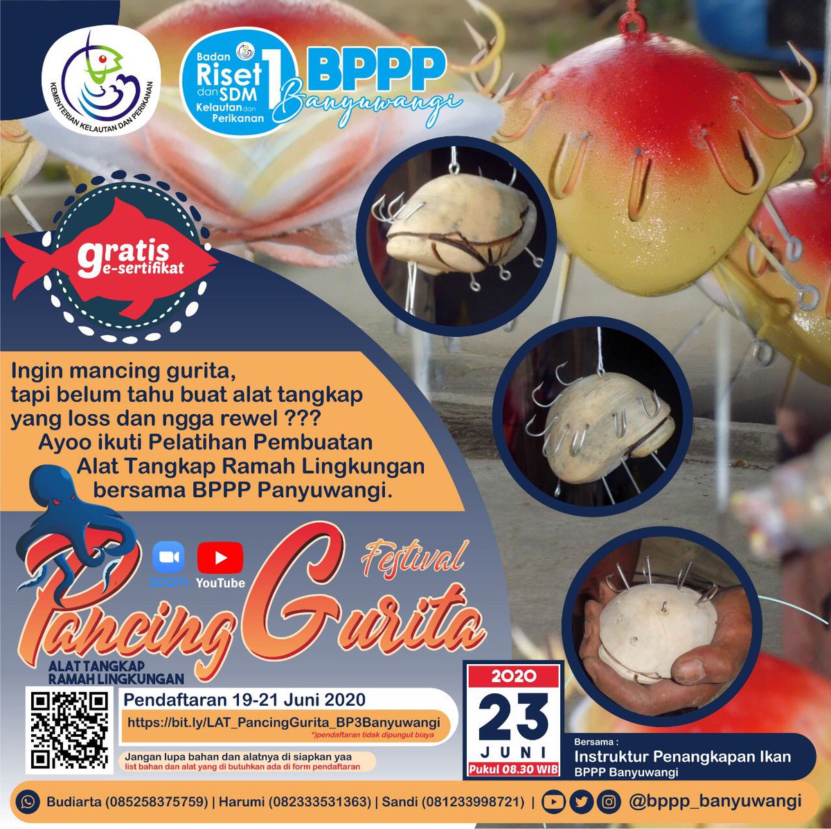 bppsdm_bp3bwi's tweet photo. #InfoPelatihan

Ingin mancing gurita, tapi belum tahu buat alat tangkapnya yang loss ngga rewel??? Ayoo ikuti Pelatihan Pembuatan Alat Tangkap Ramah Lingkungan bersama BPPP, Pendaftaran : Tanggal 19-21 Juni 2020 (link pendaftaran : https://t.co/Q4JHqWtBpi ) https://t.co/6hfSvFAjQa