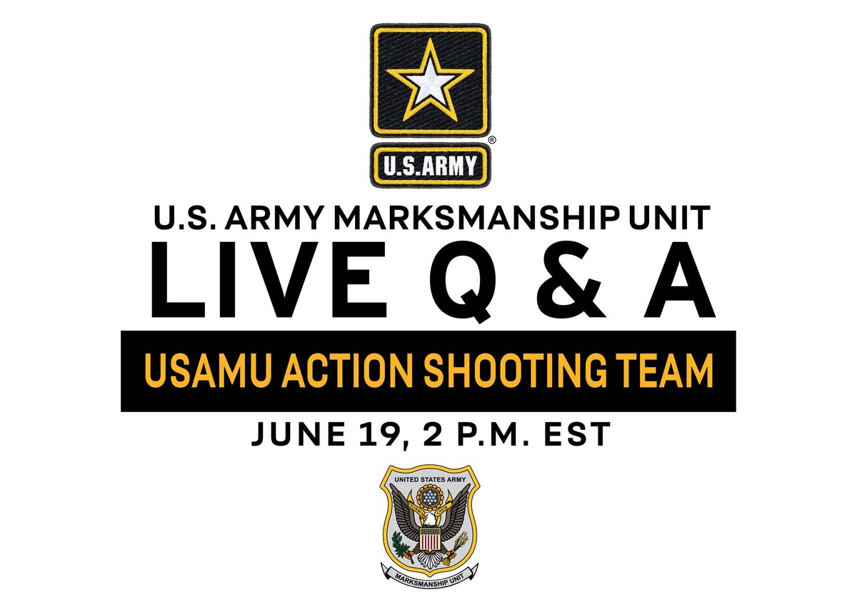 ArmyMarksmanshipUnit (@usamusoldiers) on Twitter photo Mark your calendars & ask the USAMU Action Shooting Team your questions! What do you want to know?
#ArmyHiringDays #MeetYourArmy #KnowYourMil <a href="/USArmy/">U.S. Army</a> <a href="/TRADOC/">U.S. Army TRADOC</a> <a href="/USAREC_CG/">MG Johnny Davis</a> <a href="/usarec/">U.S. Army Recruiting</a> <a href="/usarmy_meb/">USAMEB</a> <a href="/GoArmy/">GoArmy</a> Mark your calendars & ask the USAMU Action Shooting Team your questions! What do you want to know?
#ArmyHiringDays #MeetYourArmy #KnowYourMil <a href="/USArmy/">U.S. Army</a> <a href="/TRADOC/">U.S. Army TRADOC</a> <a href="/USAREC_CG/">MG Johnny Davis</a> <a href="/usarec/">U.S. Army Recruiting</a> <a href="/usarmy_meb/">USAMEB</a> <a href="/GoArmy/">GoArmy</a>