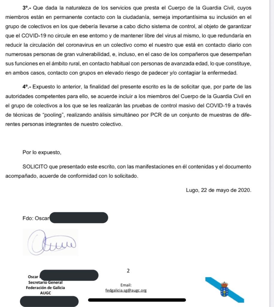 AUGC_Lugo_SG's tweet photo. La @guardiacivil de #Galicia comienza a elaborar listados para realización test doble banda #COVID19 para todos los 👮‍♀️ 👮🏻‍♂️ destinados en la Comunidad. A petición de #AUGC el pasado 22/05 y aceptada el  26/05  se beneficiarán tod@s los agentes y lo realizaran en @esaude_sergas https://t.co/eTFmGSQbVy