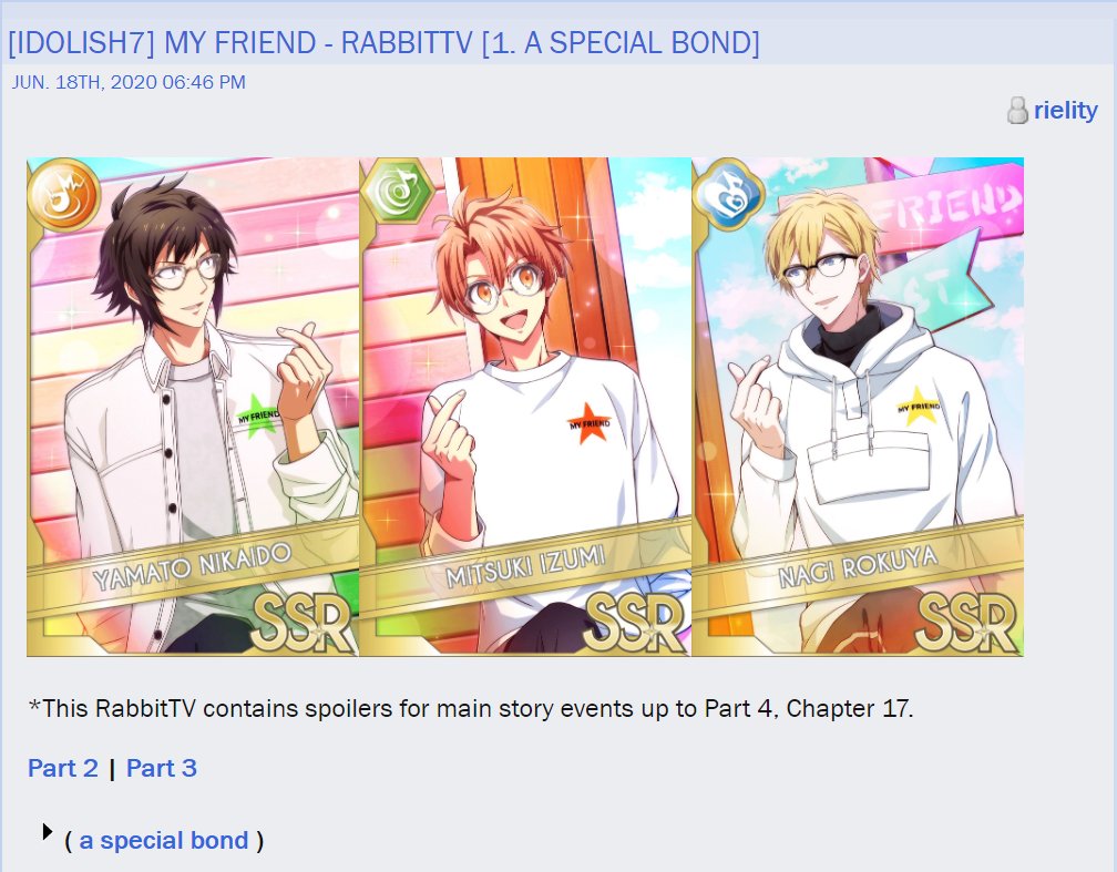 sailstella's tweet photo. [IDOLiSH7] I translated Nikaidou Yamato, Izumi Mitsuki and Rokuya Nagi's My Friend RabbitTV! 

⚠️ contains spoilers for Part 4 of the main story #etcstel

https://t.co/ry1xbMWRui https://t.co/dUmqDppb8V