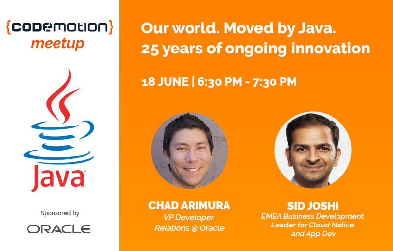 CodemotionIT's tweet image. Join us in only 1 hour for our Online Meetup with Oracle, and let's talk about the ongoing innovation with Java.
@chadarimura @sidjoshi_uk will be our speakers.
Free registration here: community.codemotion.com/codemotion-eu/…
#Java25years #OracleMeetup