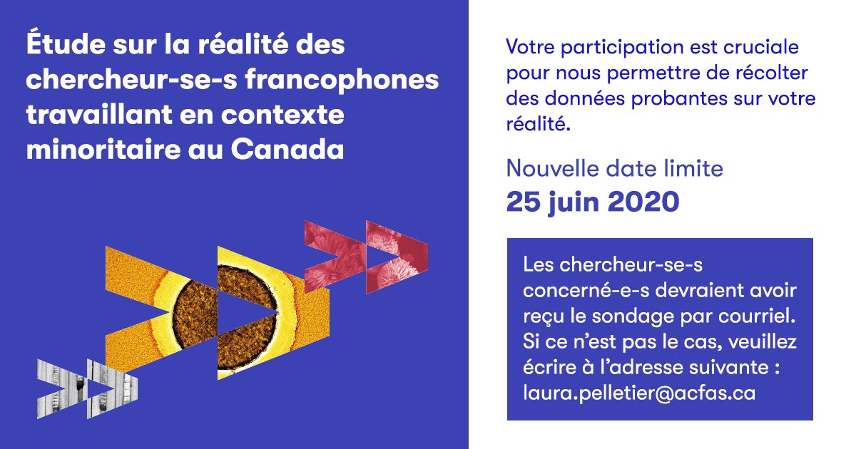 Avez-vous rempli le questionnaire de l'étude menée conjointement par l'#Acfas, l'<a href="/ICRML_CIRLM/">ICRML-CIRLM</a> et la Chaire de recherche du Canada sur les transformations de la communication savante? C'est encore possible de le faire! #frcan
<a href="/AcfasAlberta/">Acfas Alberta</a> @acfasmb <a href="/AcfasSudbury/">ACFAS-Sudbury</a>