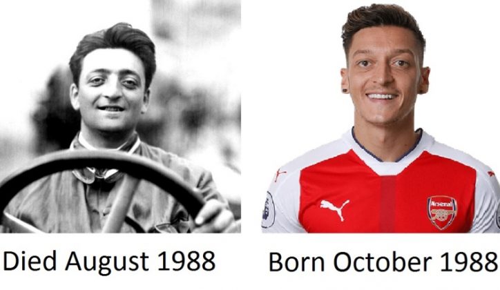 Seeing this photo, one would think it's one person at different times or even twins. However, the man on the left is Enzo Ferrari, an Italian behind the Ferrari brand and the man on the left is famous German footballer, Mésut Ozil. Makes you wonder, is this reincarnation?Threa