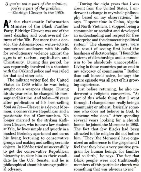 eldridge cleaver explains why he became a conservative republican. he said he was turned off by the authoritarian nature of communist governments. maybe it was the anti rape laws that bothered him 