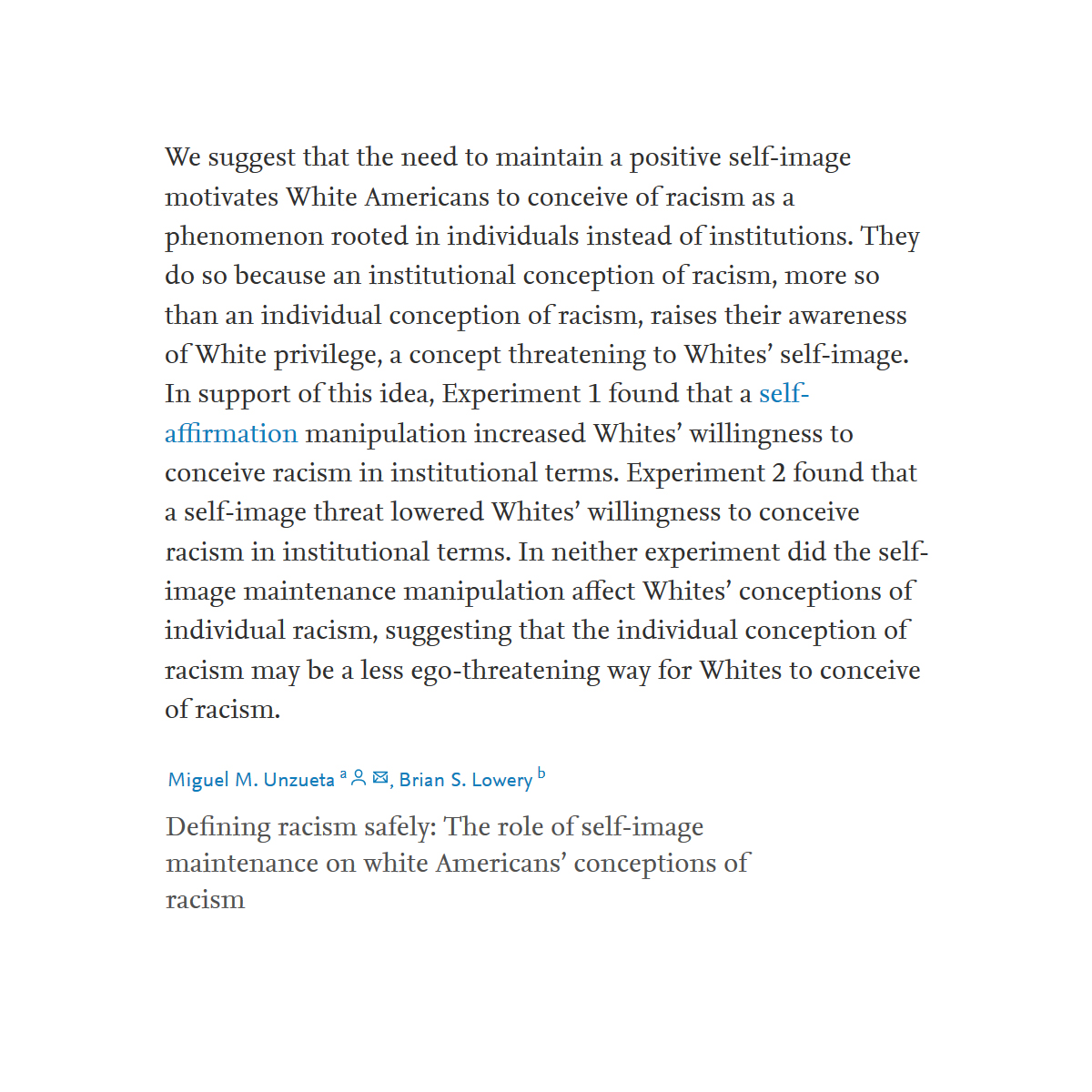 AdamMGrant's tweet image. Seeing racism as an individual problem allows us to distance ourselves from it.

&quot;I&apos;m not prejudiced! I don&apos;t believe in superiority or inferiority based on skin color!&quot;

Recognizing it as an institutional problem requires us to admit that we&apos;ve benefited from unfair systems.
