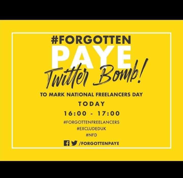 Help Raise Awareness for those Left Behind.... It’s National Freelancers Day today! 🥳

At 4pm, please show your support for the 1.7 million <a href="/ForgottenPAYE/">ForgottenPAYE</a> by joining our Twitter Bomb... 💣💥

#NFD #forgottenfreelancers #ExcludedUK #RedownloadedTheTwitterAppForThis
