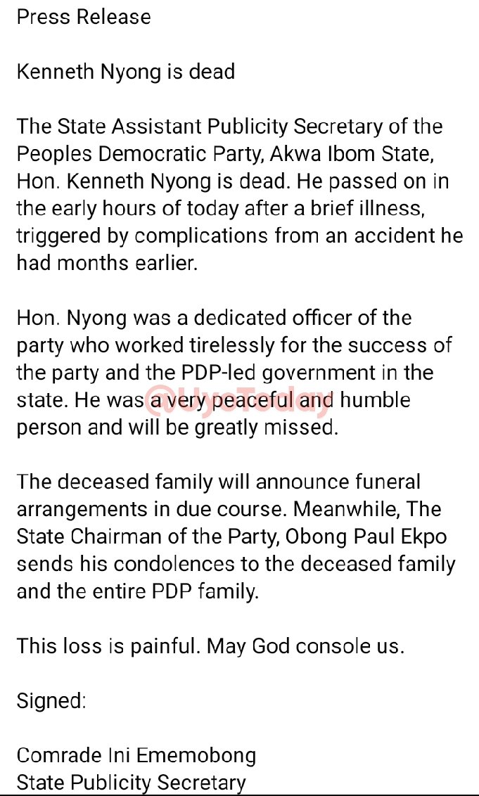 UyoToday's tweet photo. BREAKING: Akwa Ibom @OfficialPDPNig loses Assistant Publicity Secretary https://t.co/fyjMsQCPv5